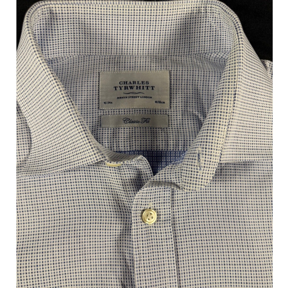Charles Tyrwhitt Mens Blue White Micro Check Classic Fit Dress Shirt 16/34 41/86